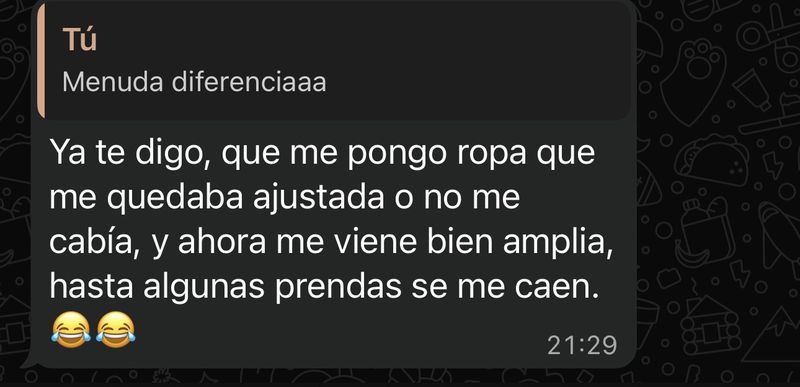 Mensaje de WhatsApp de un cliente de GrimaldoFit contando su progreso